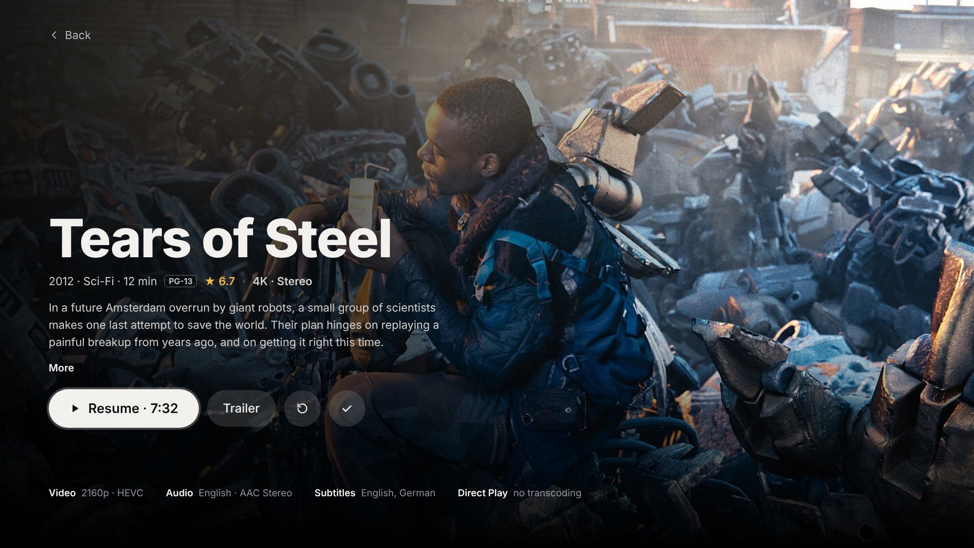 Detail page for Tears of Steel with video, audio and subtitle info