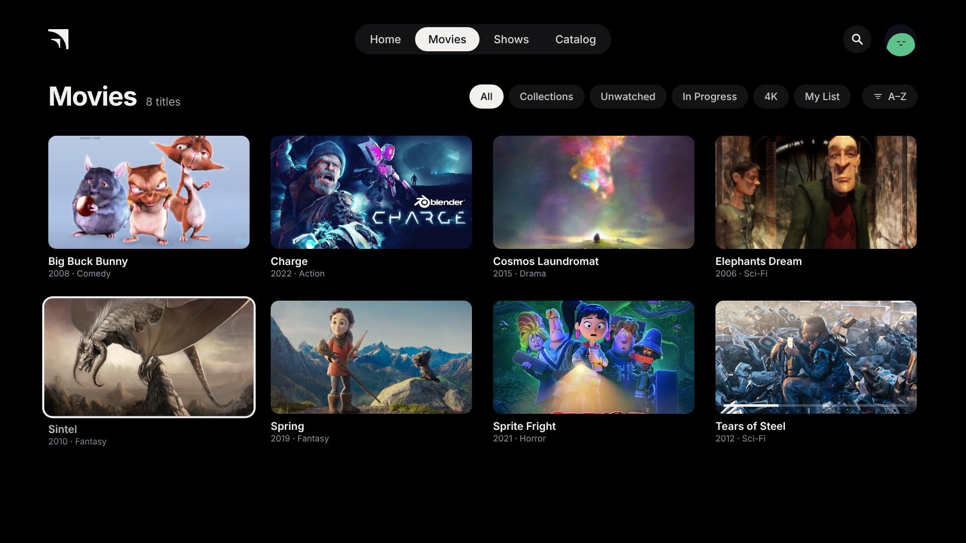 Movies library grid with artwork from Blender open movies